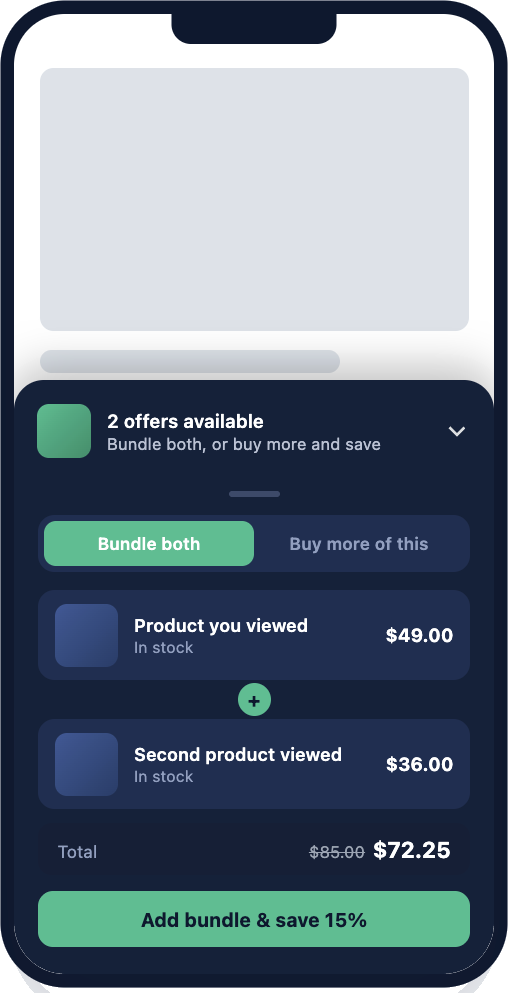 The bar open on a bundle of two products the shopper viewed, with the bundle total and an Add bundle and save 15% button