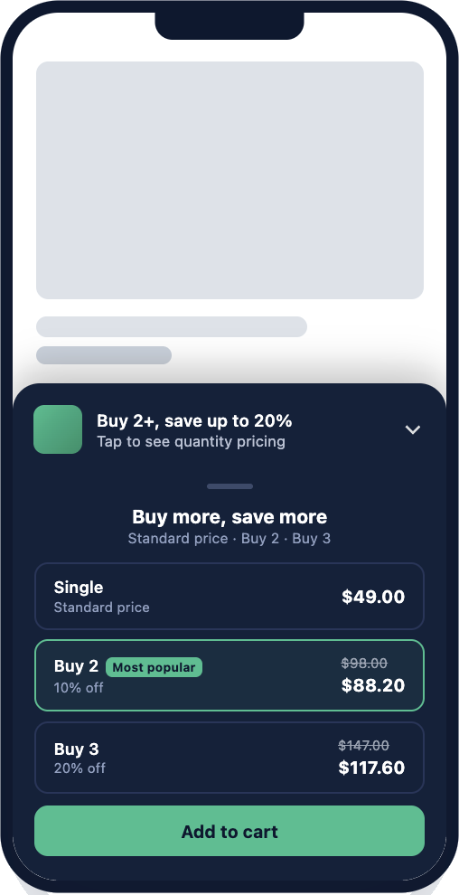 The bar open on the quantity offer: Single, Buy 2 at 10% off and Buy 3 at 20% off, with an Add to cart button